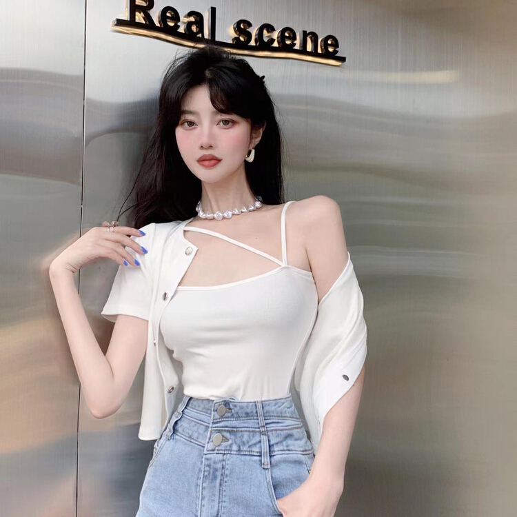 [top] Korean design short suspender Vest + Short Sleeve Blouse suit 9168\zjy