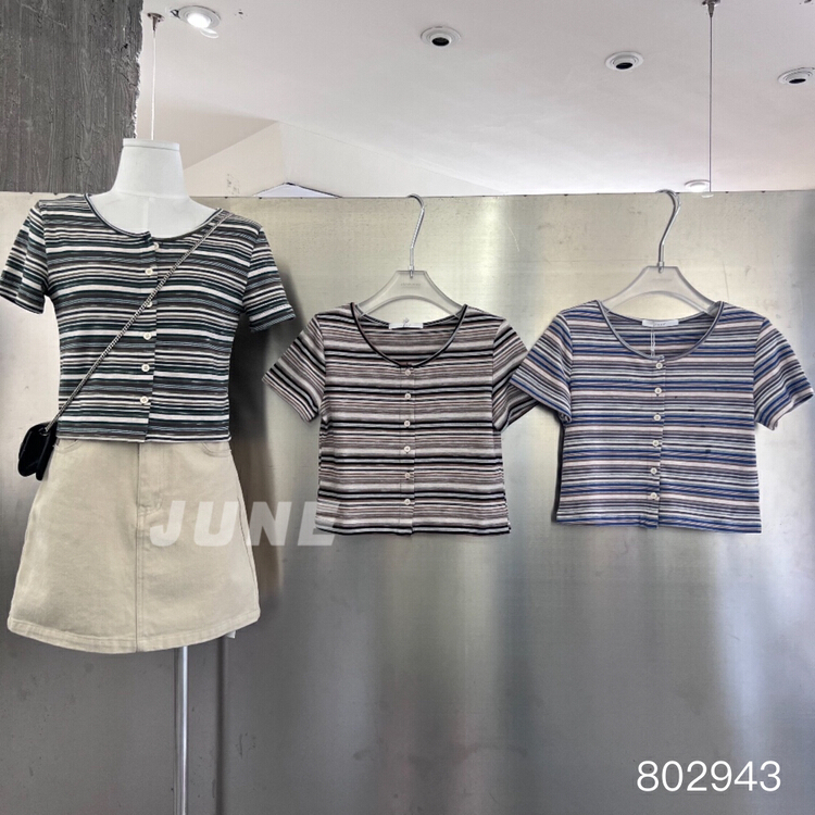 [June] Vintage contrast stripe short sleeve T-shirt 802943\xyy