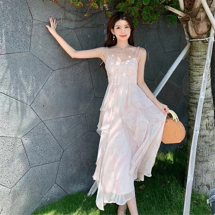 [clothing] little woman printing and dyeing waist strap Chiffon Dress 979\pcz