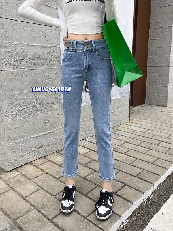 New year in early spring! [Yinuo Yinuo denim] high waist double button simple versatile elastic pipe jeans 66181\zsy
