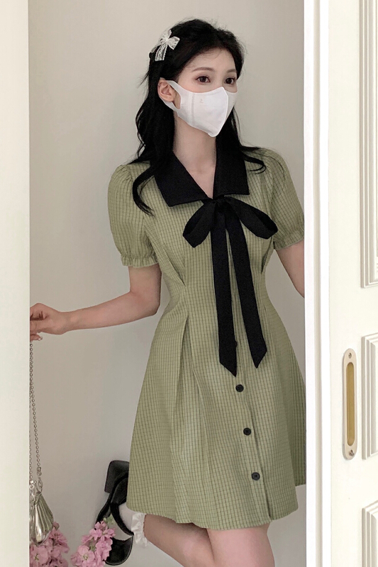 [dolly] V-neck bow tie tie bubble sleeve waist short dress 2679\pcz