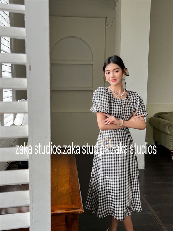 [Zaka] French bubble sleeve back cut out Plaid Dress 58337\ll