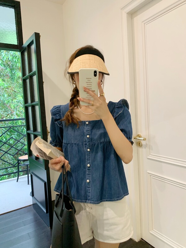 【E】 Casual simple breasted bubble sleeve shirt j060\xyy