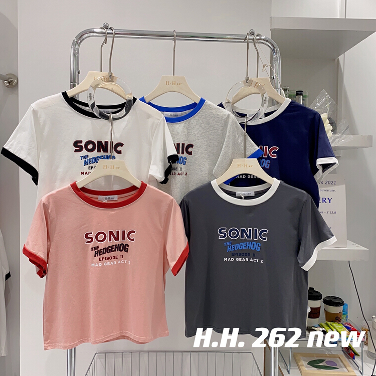 [HH &miss Lai] simple Korean alphabet color blocking round neck short sleeve T-shirt 262\l