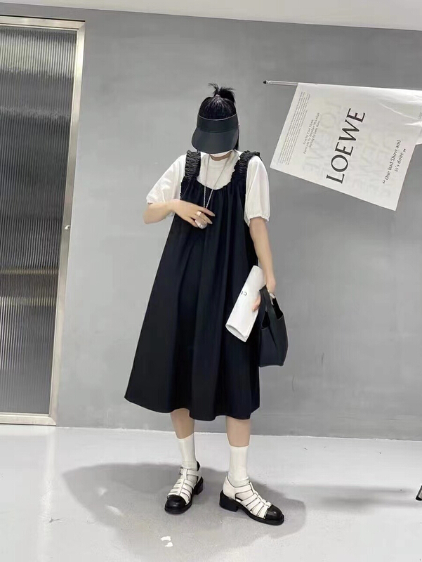 Live broadcast ⑩! [JH] simple and versatile solid color short sleeve + Korean slim wide pine ear strap dress set 42048\pcz