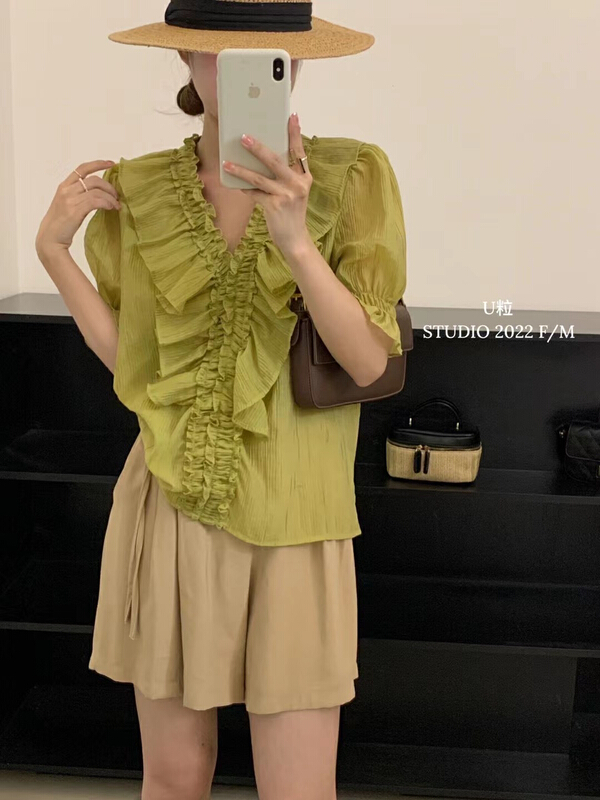 [U grain] fresh pure color Ruffle shirt 6168\hbx