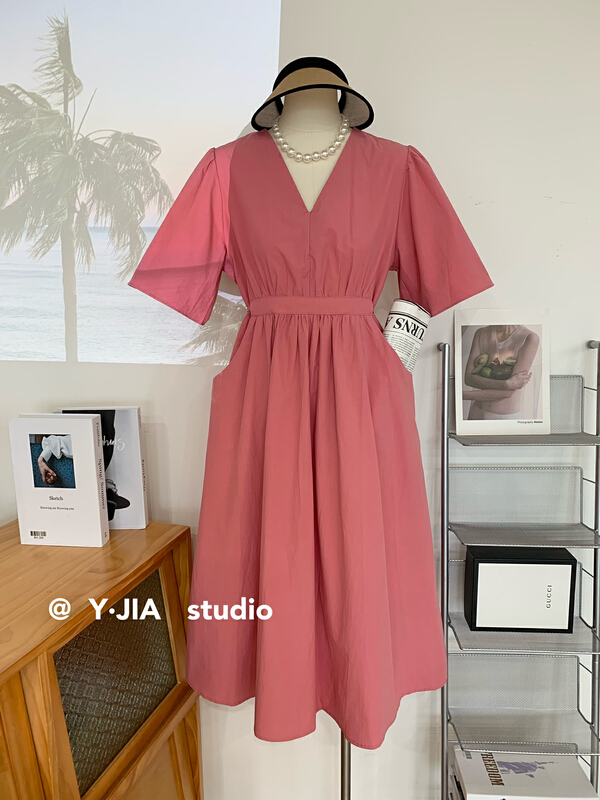 [y.jia EJA] simple V-neck drawstring dress 6767\pcz