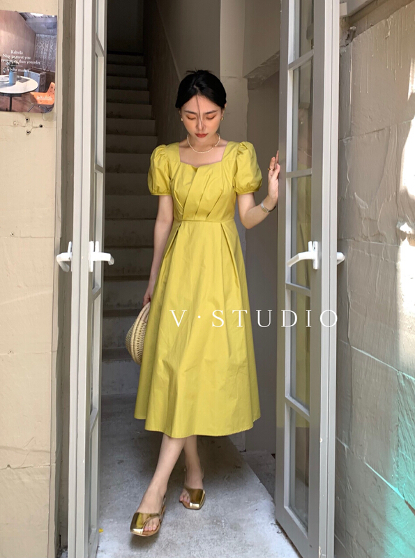 [v.studio] Korean style square neck fresh bubble sleeve dress ys1-8833\zjy