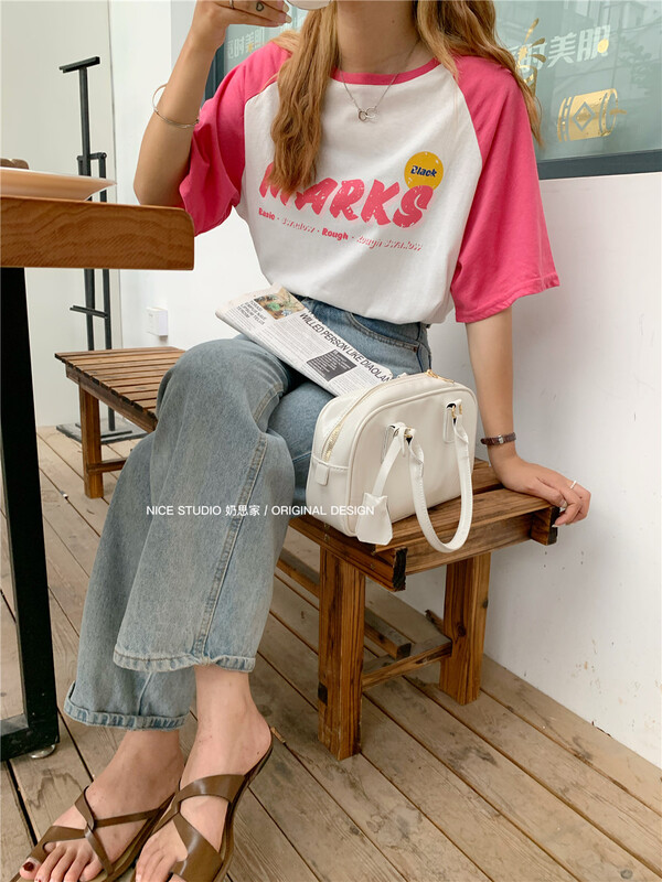 [naisijia] Korean color contrast raglan sleeve printed short sleeve T-shirt 9001\zjy