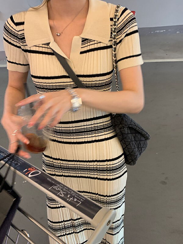[f · P] Korean Polo neck stripe dress 39128\hbx