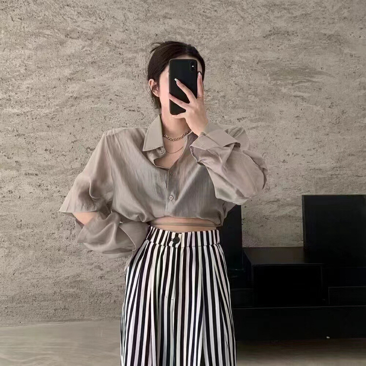 [top] drawstring single breasted shirt at bottom + striped casual pants set 7020-2\zjy