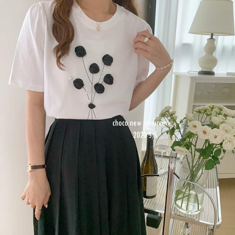 [choco] Korean design flower nail bead short sleeve T-shirt 8314\hbx
