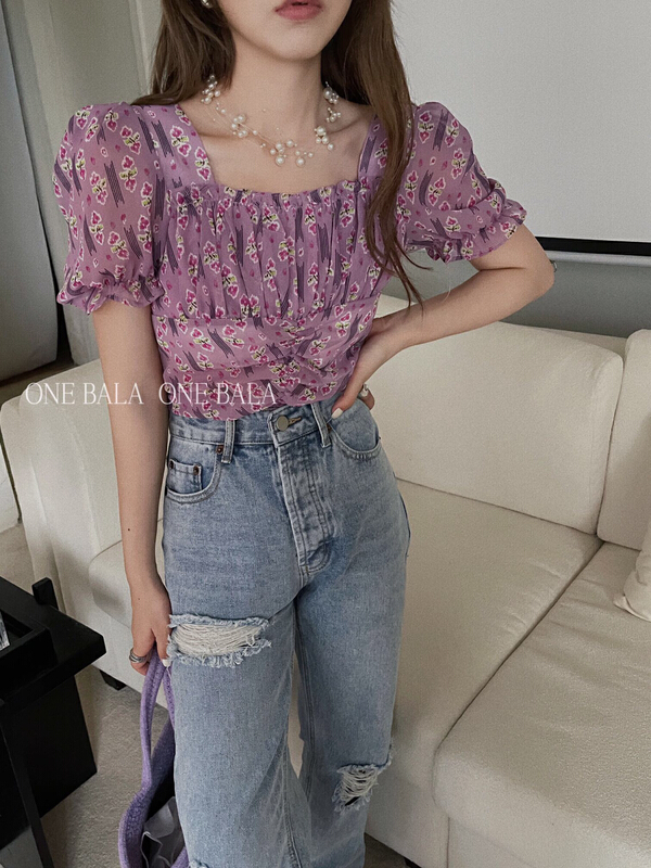 [one Bala] French fragmentary bubble sleeve waist closing slim shirt 1269\hjy