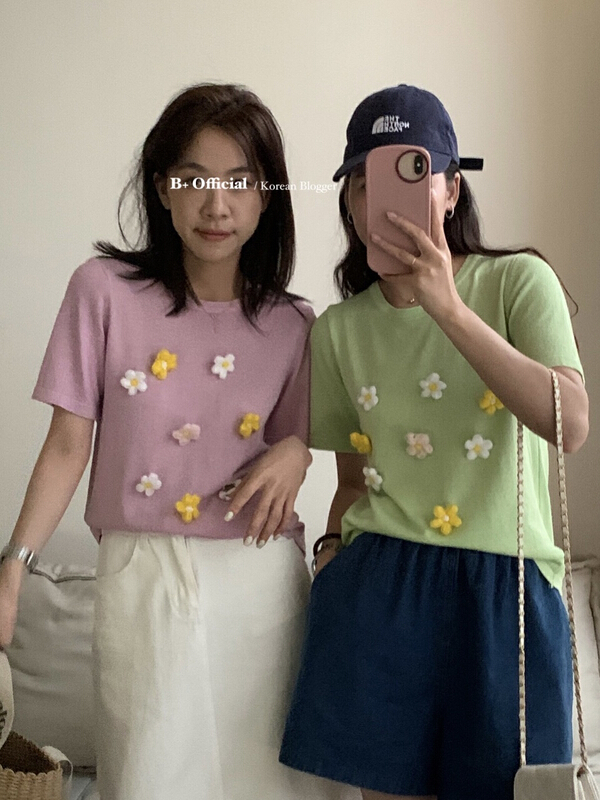 [B plus] small flower fashion versatile T-shirt (non detachable flower) 22-9253-2\hbx