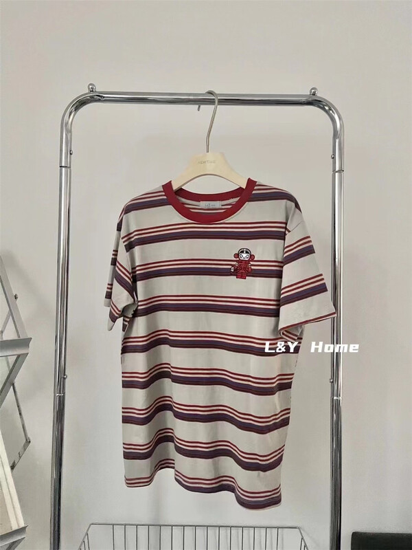 [new time /l&y home] Unisex loose robot stripe short sleeve T-shirt 6172\xyy