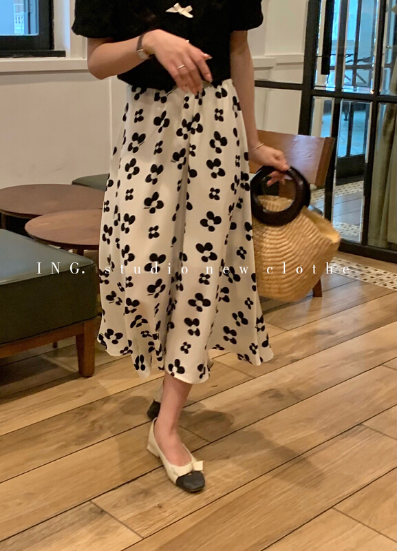 [ing] sweet and versatile elastic waist A-line slim print skirt ing-7803\hbx