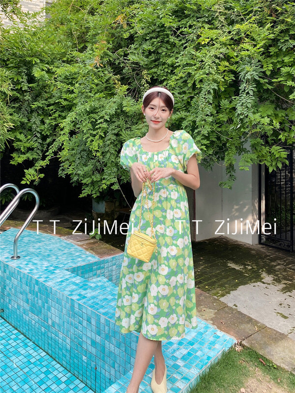 [self beauty] Korean lady printed bubble sleeve dress 6290\hjy