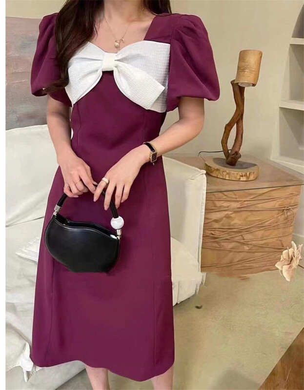 [Xiangli] French style square neck bubble sleeve bow design waist closing dress ys1-8816\pcz