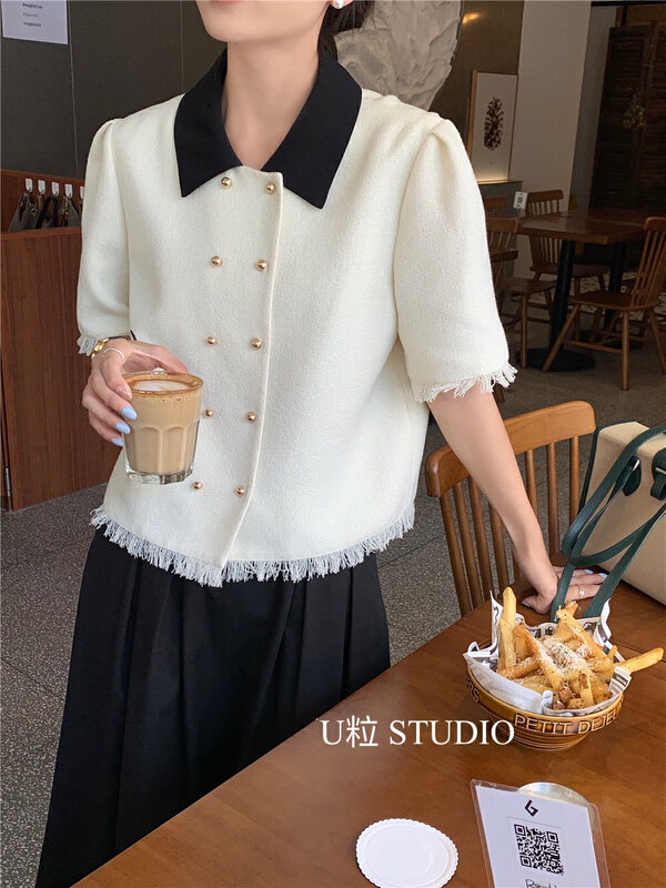 [U grain] retro double breasted tassel small fragrant short coat 55003\hbx
