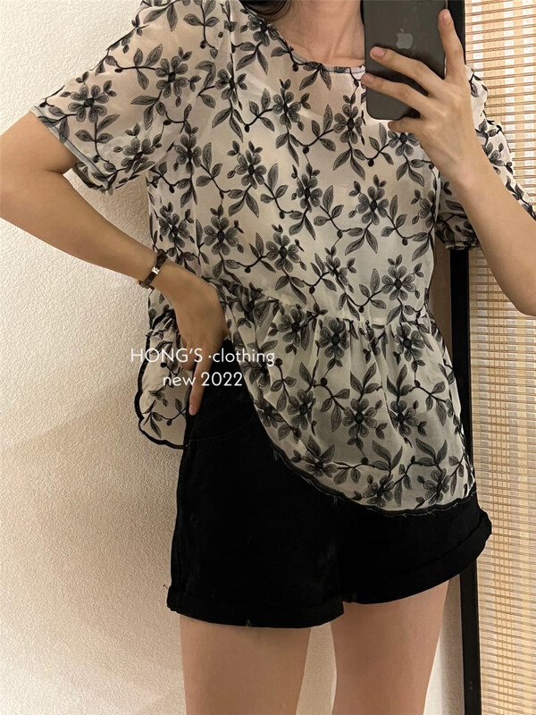 [Hong's] round neck floral short sleeve T-shirt 2758\ll