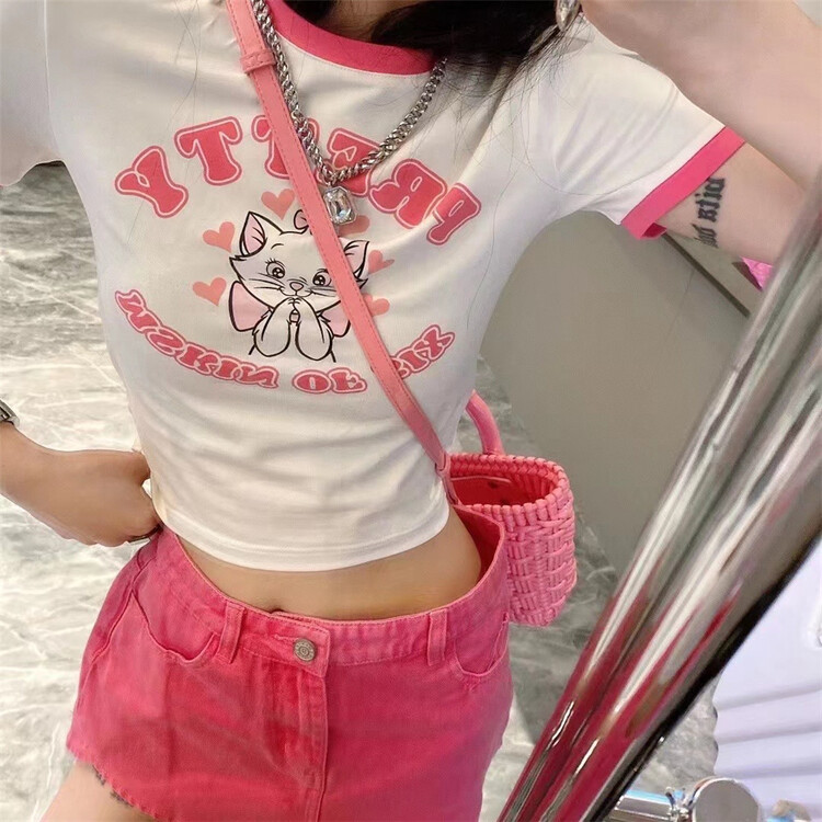 [big C studio] cute cat print hot girl short sleeve T-shirt ys1-1129\pcz