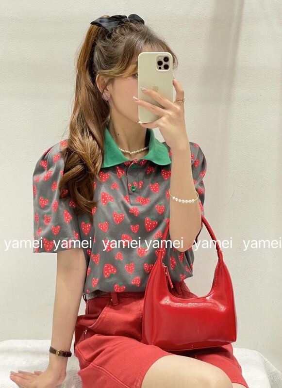 [ya.mei] polo collar strawberry all over print short sleeve T-shirt (T-shirt only) 3150\ll