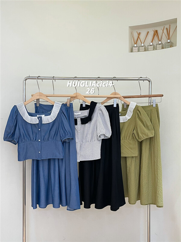 [huiglia clcl] baby collar short temperament shirt + checkered medium length skirt set ys1-8029\zjy