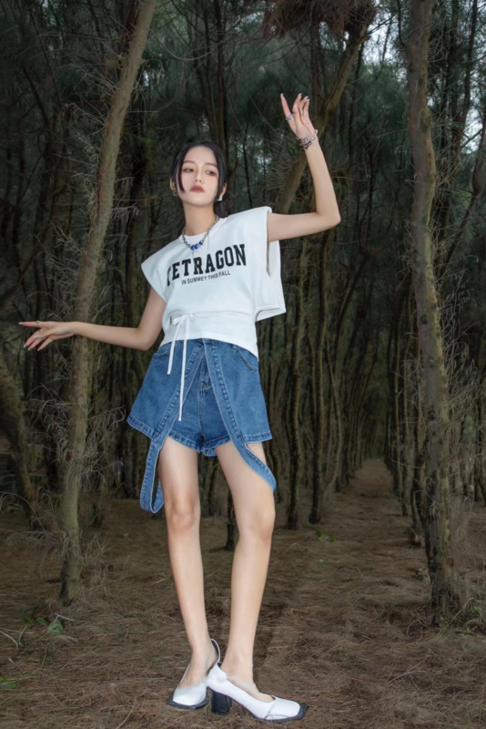 [g+] crew neck print versatile shoulder pad short sleeve T-shirt 756\\cl
