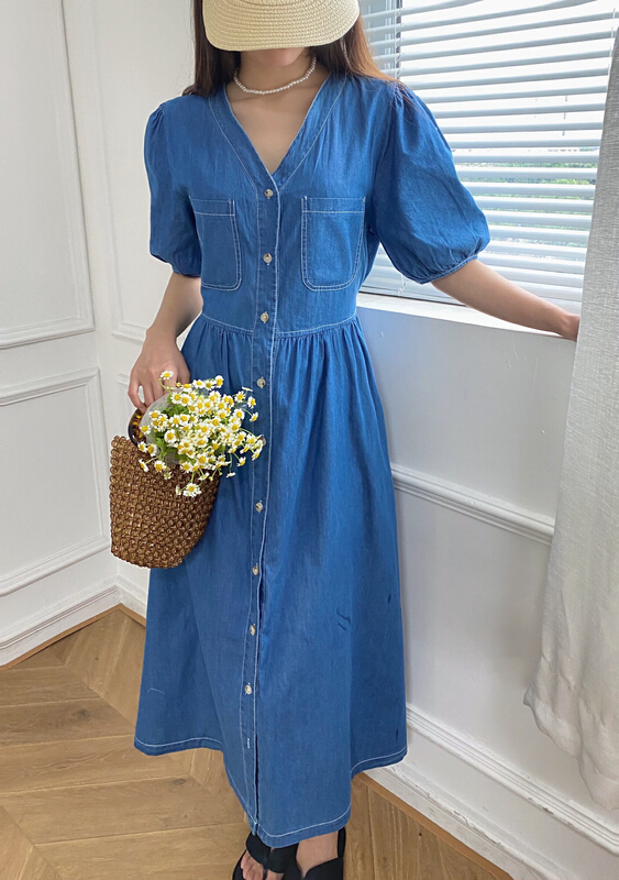 [the fan] Vintage V-neck loose breasted denim skirt 505266\pcz