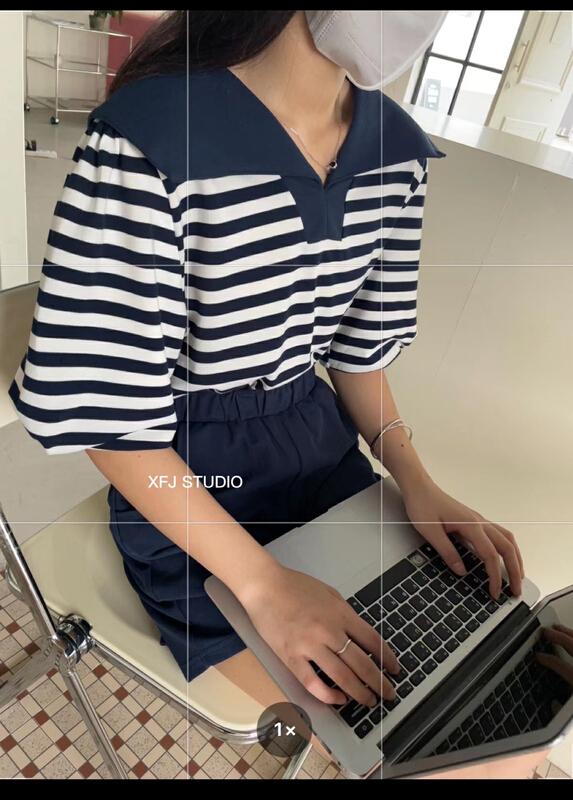 [Xiaofan family] Korean stripe Lantern Sleeve short sleeve T-shirt + casual loose Shorts Set 6187\lsw