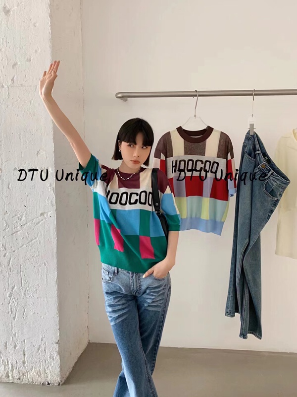 [DTU] casual simple color contrast letter knitted pullover short sleeve T-shirt 33006\lsl