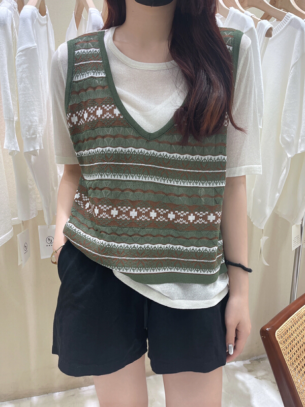 [S.J] rhombic Plaid stitched fake two loose and comfortable leisure aging T-shirt 6957\lsw