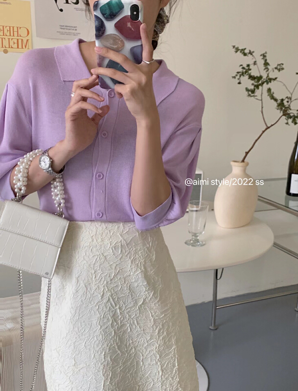 [aimistyle] polo collar female gentle wind thin ice silk sunscreen knitted cardigan 13705\hbx
