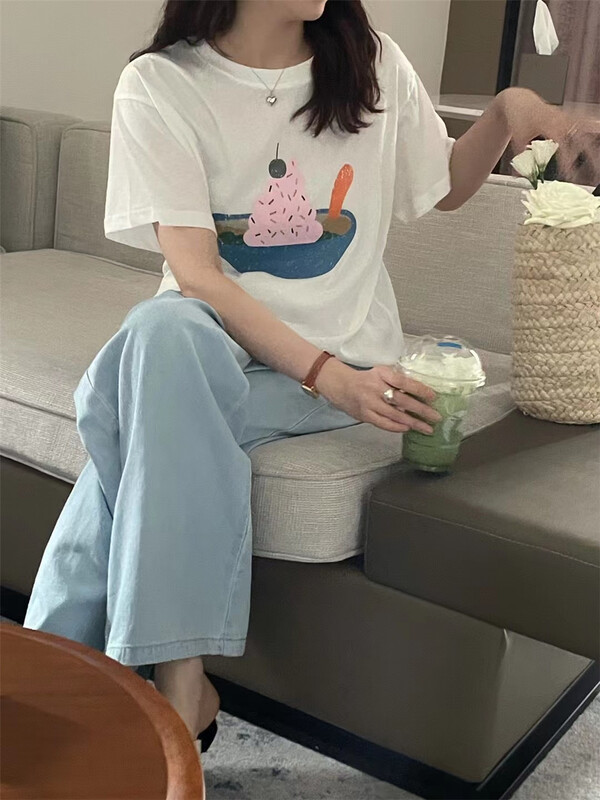 【E】 Casual simple ice cream printed short sleeve T-shirt j038\y