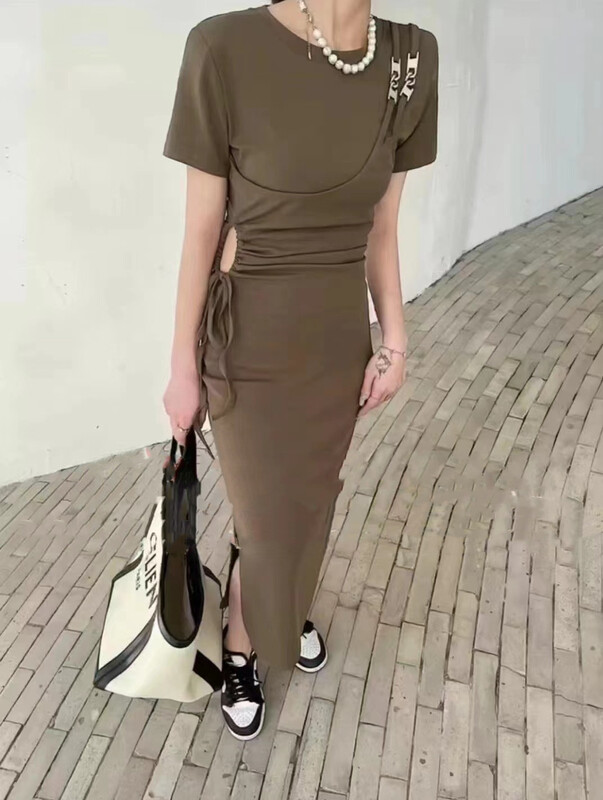 [top] drawstring pleated metal button dress (long) 9226-1\zjy