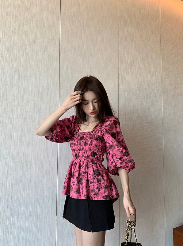 [wgwe] bubble sleeve square neck floral women's summer 2022 new loose design sense niche blouse (only selling blouses) 1840\pcz