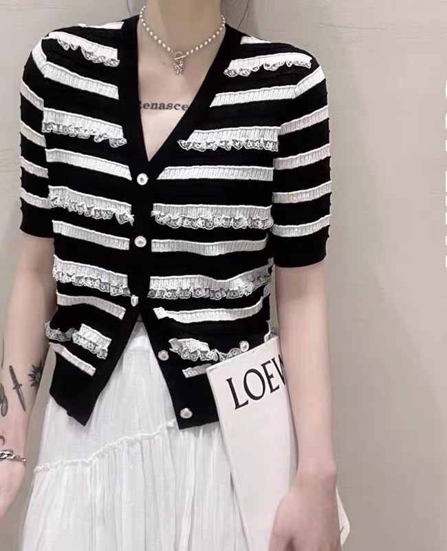 [f · P] V-neck single breasted striped knitted cardigan 1876\hbx