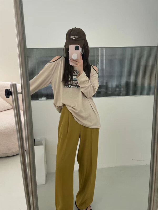 [yoyo style] casual loose contrast color off shoulder long sleeve T-shirt 8586\xyy