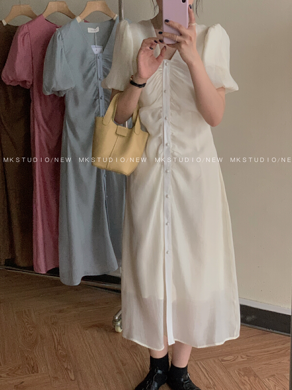 [MK] lady temperament V-neck bubble sleeve slim dress 3305\hjy