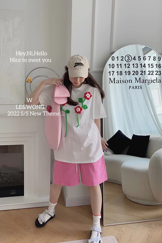 [le&wong] Girls' aging stereoscopic flower short sleeve T-shirt short sleeve top 8883