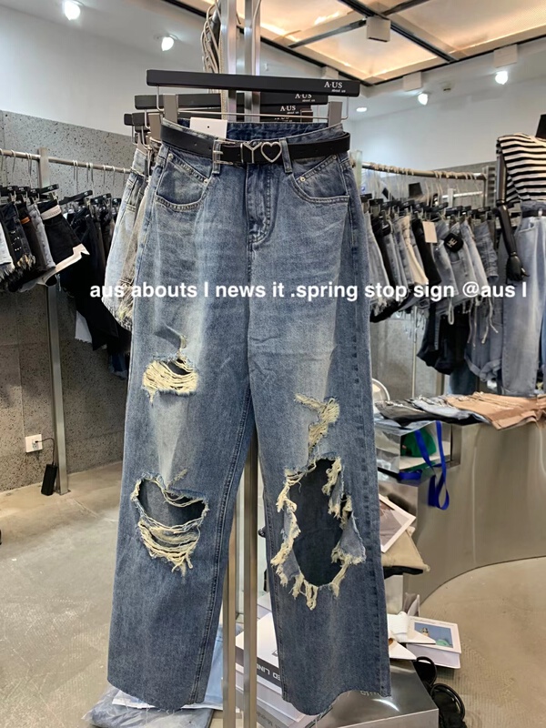 【 aus 】 Vintage hole versatile jeans (with belt) g631\pcz
