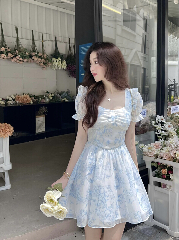 [savage] French printed pleated bubble sleeve dress e8300\wpl