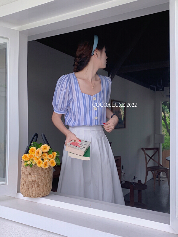 [cocoa] Korean style square neck vertical stripe shirt 3526\l
