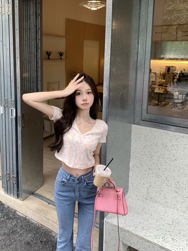 [Amanda] rainbow contrast large backless shirt 9641\pcz