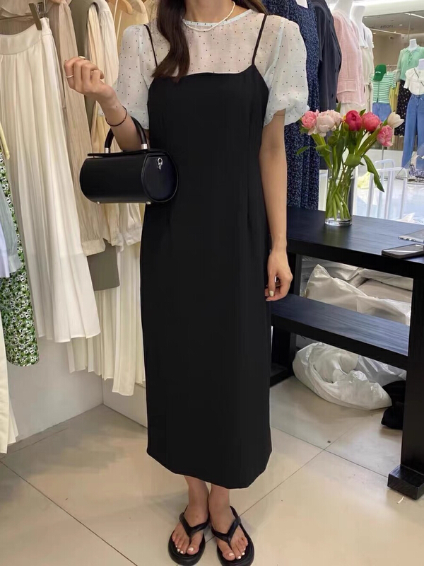 [JH] summer new net Red Lantern Sleeve wave point short sleeve + lace up suspender dress set 41935\pcz