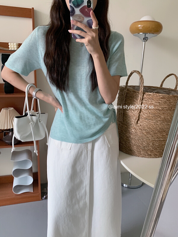 Original price 48.50! [aimistyle] niche style drawstring irregular short sleeve T-shirt (including 50% wool) 66307\hbx