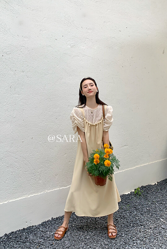 [Sara] texture small shirt, suspender and long skirt suit 90036
