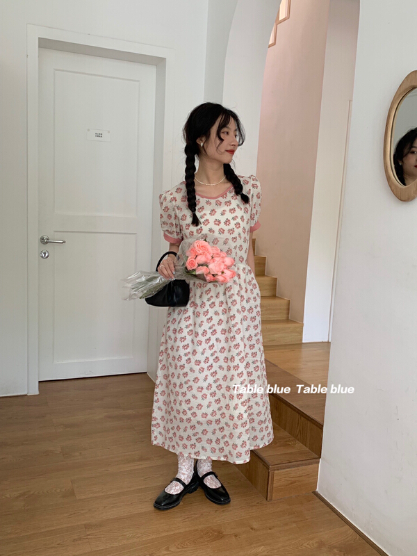 [table blue] fresh and simple round neck floral thin dress 2155\lsw