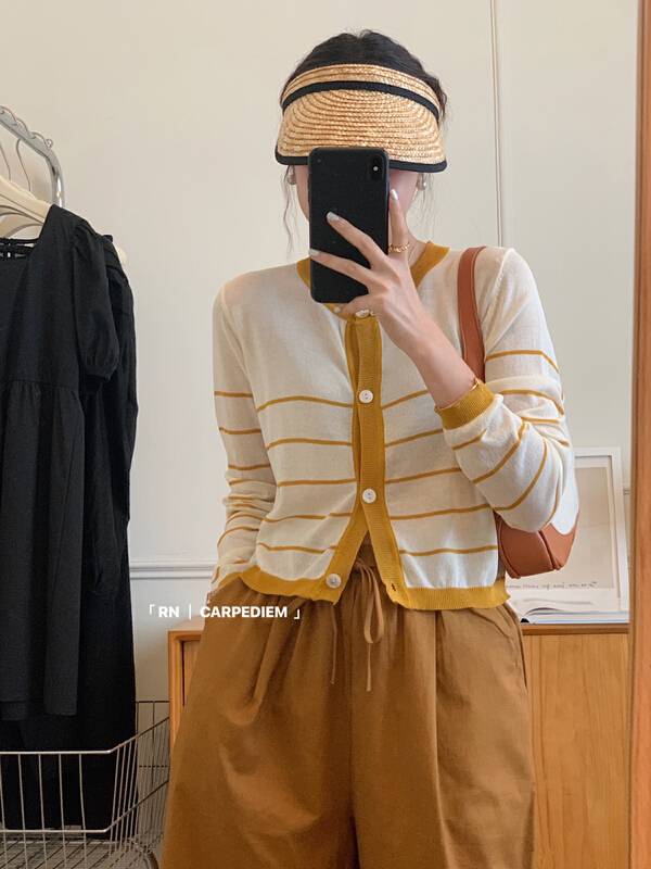 [R n] Korean round neck striped thin knitted cardigan 81312\ll