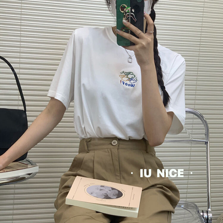 Original price 30.45! In early summer! [IU nice] embroidered dog versatile fashion short sleeve T-shirt 2225\l